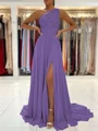 A-Line/Princess One-Shoulder Sweep Train Chiffon Prom Dresses With Leg Slit