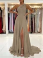 A-Line/Princess One-Shoulder Sweep Train Chiffon Prom Dresses With Leg Slit