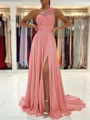A-Line/Princess One-Shoulder Sweep Train Chiffon Prom Dresses With Leg Slit