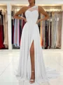 A-Line/Princess One-Shoulder Sweep Train Chiffon Prom Dresses With Leg Slit