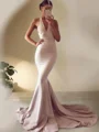 Trumpet/Mermaid V-neck Sweep Train Stretch Crepe Prom Dresses With Ruffles