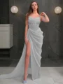 Sheath/Column Spaghetti Straps Sweep Train Organza Prom Dresses With Leg Slit