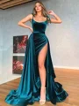 A-Line/Princess Spaghetti Straps Sweep Train Velvet Prom Dresses With Leg Slit