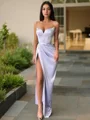 Sheath/Column V-neck Sweep Train Silk Like Satin Prom Dresses With Leg Slit