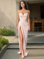 Sheath/Column V-neck Sweep Train Silk Like Satin Prom Dresses With Leg Slit