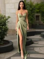 Sheath/Column V-neck Sweep Train Silk Like Satin Prom Dresses With Leg Slit