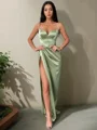 Sheath/Column V-neck Sweep Train Silk Like Satin Prom Dresses With Leg Slit