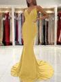 Sheath/Column V-neck Sweep Train Stretch Crepe Prom Dresses