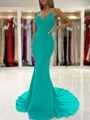 Sheath/Column V-neck Sweep Train Stretch Crepe Prom Dresses