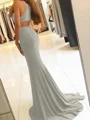 Sheath/Column Halter Sweep Train Jersey Prom Dresses With Leg Slit