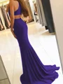 Sheath/Column Halter Sweep Train Jersey Prom Dresses With Leg Slit