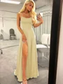 A-Line/Princess Spaghetti Straps Sweep Train Silk like Satin Prom Dresses With Leg Slit