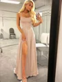 A-Line/Princess Spaghetti Straps Sweep Train Silk like Satin Prom Dresses With Leg Slit