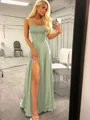 A-Line/Princess Spaghetti Straps Sweep Train Silk like Satin Prom Dresses With Leg Slit