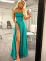 A-Line/Princess Spaghetti Straps Sweep Train Silk like Satin Prom Dresses With Leg Slit
