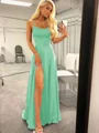 A-Line/Princess Spaghetti Straps Sweep Train Silk like Satin Prom Dresses With Leg Slit
