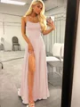 A-Line/Princess Spaghetti Straps Sweep Train Silk like Satin Prom Dresses With Leg Slit
