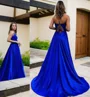 A-Line/Princess V-neck Sweep Train Silk Like Satin Prom Dresses With Pockets