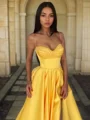 A-Line/Princess Spaghetti Straps Floor-Length Satin Prom Dresses With Leg Slit