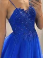 A-Line/Princess V-neck Sweep Train Tulle Prom Dresses With Appliques Lace