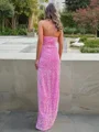 Sheath/Column Halter Floor-Length Velvet Sequins Prom Dresses With Leg Slit