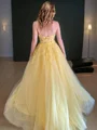 A-Line/Princess One-Shoulder Sweep Train Tulle Prom Dresses With Appliques Lace