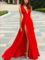 A-Line/Princess V-neck Sweep Train Chiffon Prom Dresses With Leg Slit