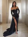 Sheath/Column Off-the-Shoulder Sweep Train Silk Like Satin Prom Dresses With Leg Slit