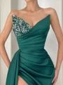 Sheath/Column Sweetheart Court Train Silk Like Satin Prom Dresses With Leg Slit
