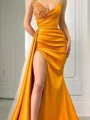 Sheath/Column Sweetheart Court Train Silk Like Satin Prom Dresses With Leg Slit