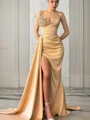 Sheath/Column Sweetheart Court Train Silk Like Satin Prom Dresses With Leg Slit