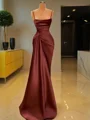 Sheath/Column Spaghetti Straps Floor-Length Silk Like Satin Prom Dresses With Ruffles