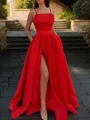 A-Line/Princess Spaghetti Straps Floor-Length Satin Prom Dresses With Leg Slit