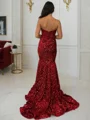 Sheath/Column Sweetheart Court Train Velvet Sequins Prom Dresses With Ruffles