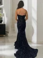 Sheath/Column Sweetheart Court Train Velvet Sequins Prom Dresses With Ruffles