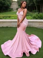 Trumpet/Mermaid V-neck Sweep Train Silk like Satin Prom Dresses With Appliques Lace
