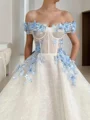 A-Line/Princess Off-the-Shoulder Floor-Length Lace Prom Dresses With Pockets