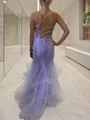 Sheath/Column V-neck Sweep Train Tulle Prom Dresses With Ruffles