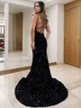 Sheath/Column V-neck Sweep Train Velvet Sequins Prom Dresses