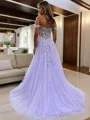 A-Line/Princess Off-the-Shoulder Sweep Train Tulle Prom Dresses With Leg Slit