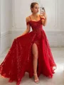 A-Line/Princess Spaghetti Straps Sweep Train Prom Dresses With Leg Slit