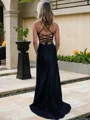 Sheath/Column Spaghetti Straps Sweep Train Silk Like Satin Prom Dresses With Leg Slit