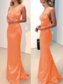 Sheath/Column V-neck Sweep Train Silk Like Satin Prom Dresses