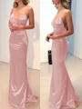 Sheath/Column V-neck Sweep Train Silk Like Satin Prom Dresses