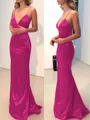 Sheath/Column V-neck Sweep Train Silk Like Satin Prom Dresses