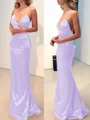 Sheath/Column V-neck Sweep Train Silk Like Satin Prom Dresses