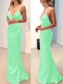 Sheath/Column V-neck Sweep Train Silk Like Satin Prom Dresses