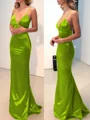 Sheath/Column V-neck Sweep Train Silk Like Satin Prom Dresses