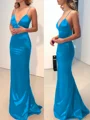 Sheath/Column V-neck Sweep Train Silk Like Satin Prom Dresses