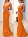 Sheath/Column V-neck Sweep Train Silk Like Satin Prom Dresses